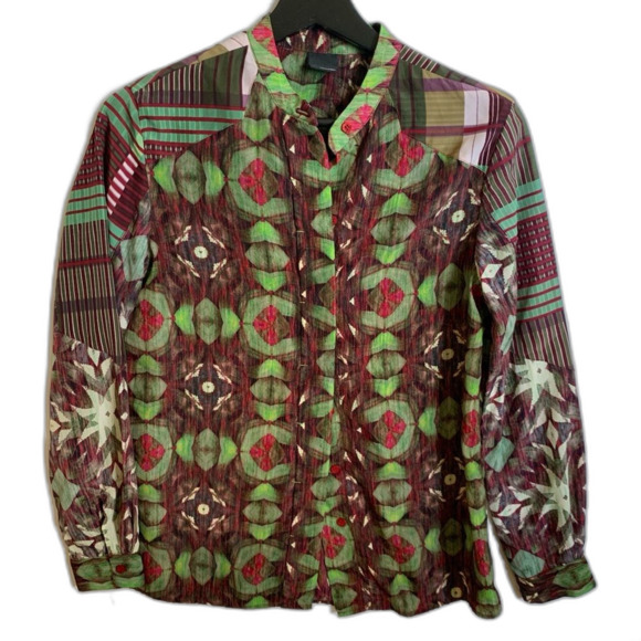 Sacada Abstract Red Green Long Sleeve Button Up Top Size Small - Picture 2 of 15